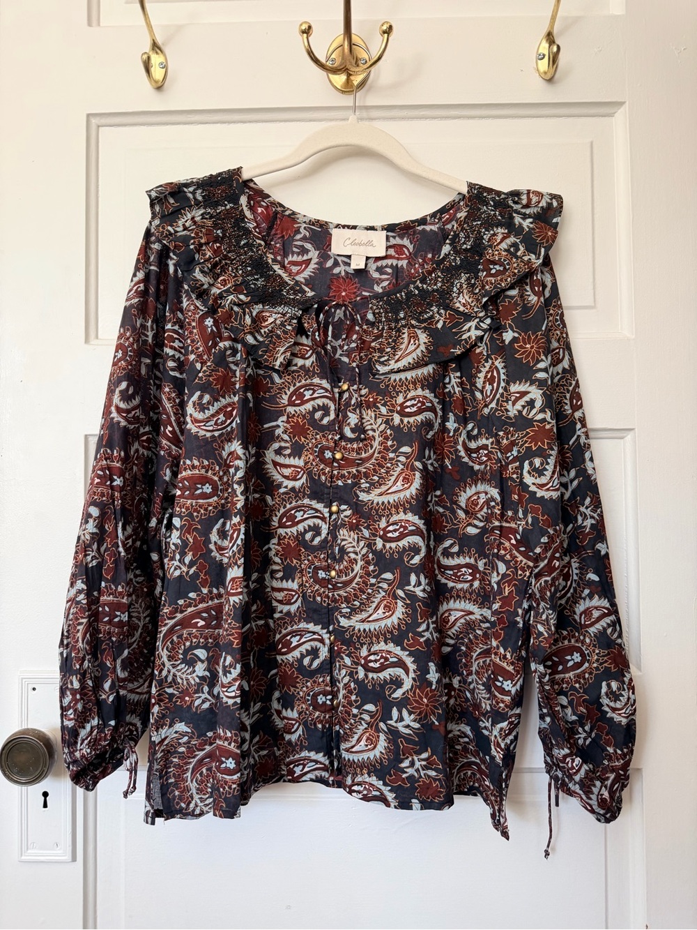 Chocolate Bohemian Paisley Ruffle Blouse — Medium, Blue & Brown